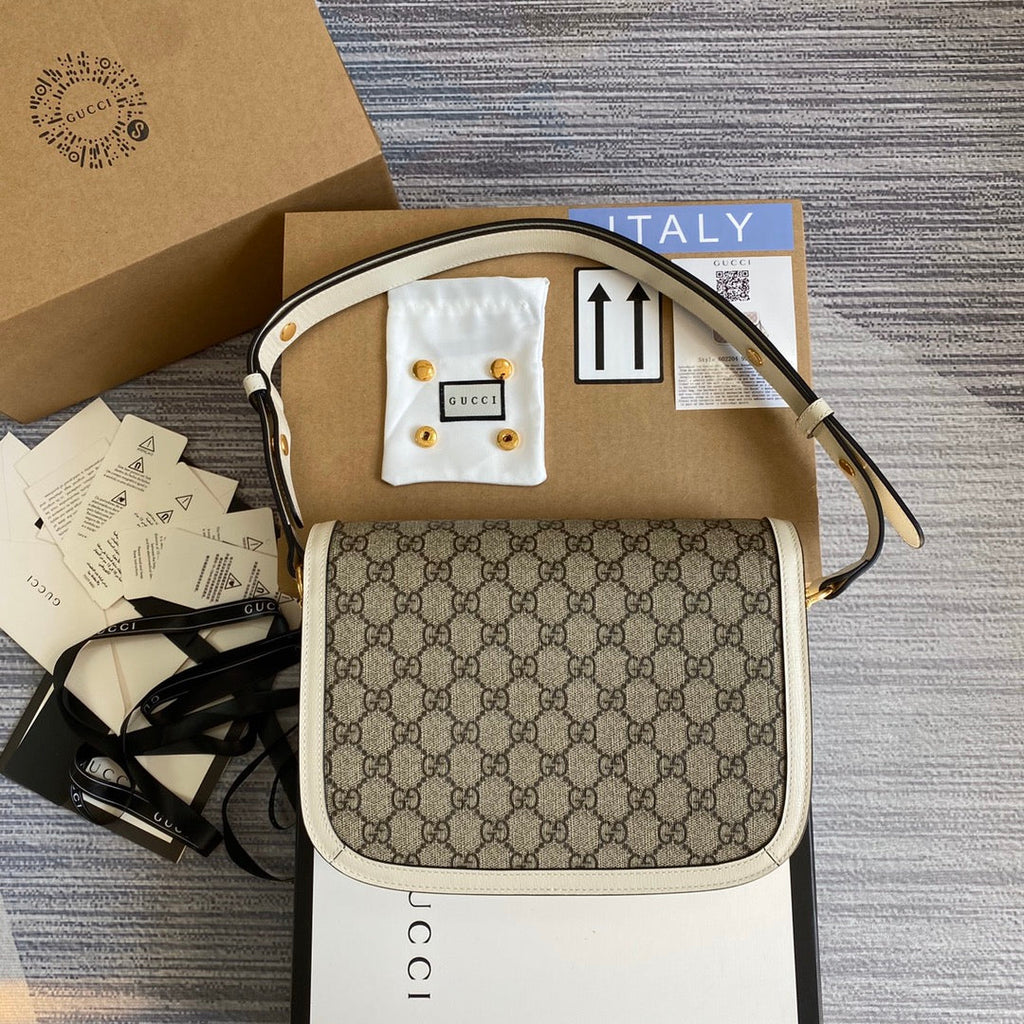 Gucci Horsebit 1955 shoulder bag 602204 Beige with white leather