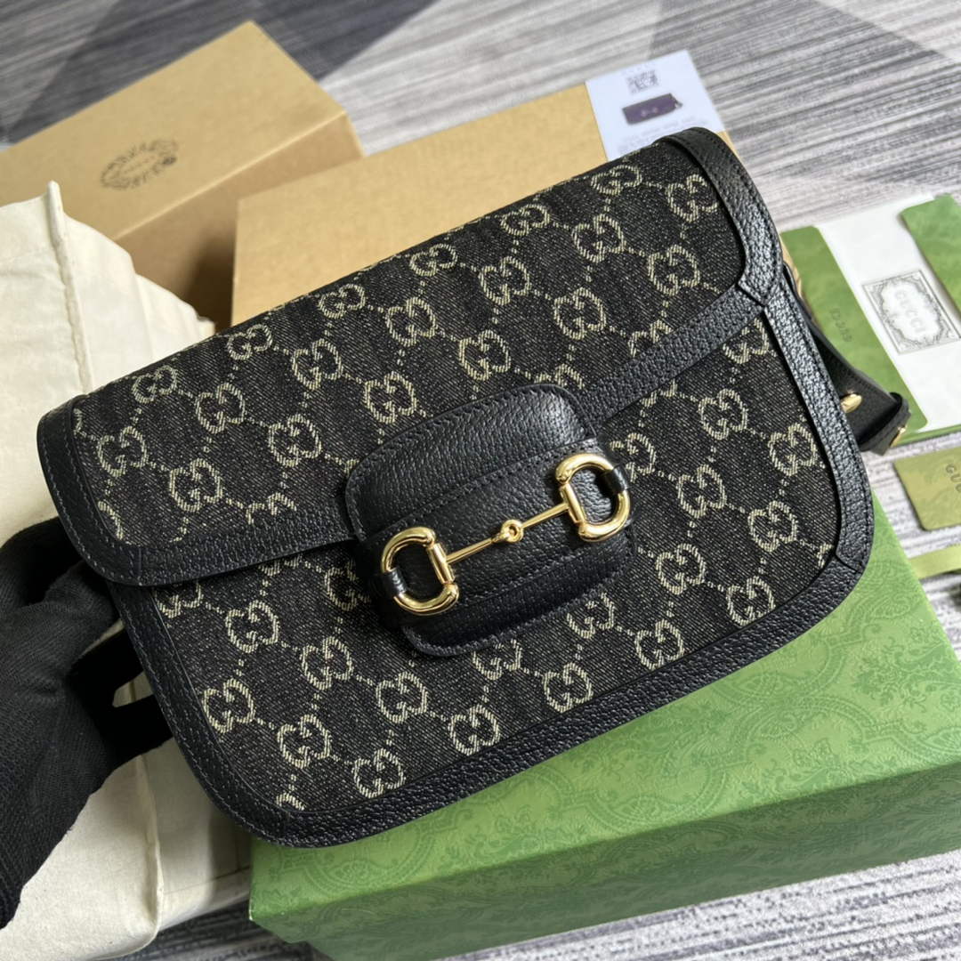 Gucci Horsebit 1955 shoulder bag 602204 Black and ivory GG denim jacquard - Default Title - View 1