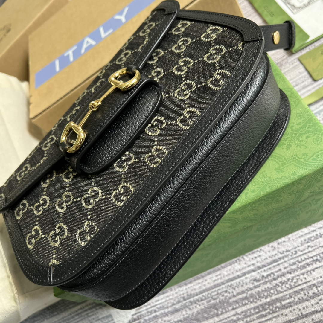 Gucci Horsebit 1955 shoulder bag 602204 Black and ivory GG denim jacquard - Default Title - View 6