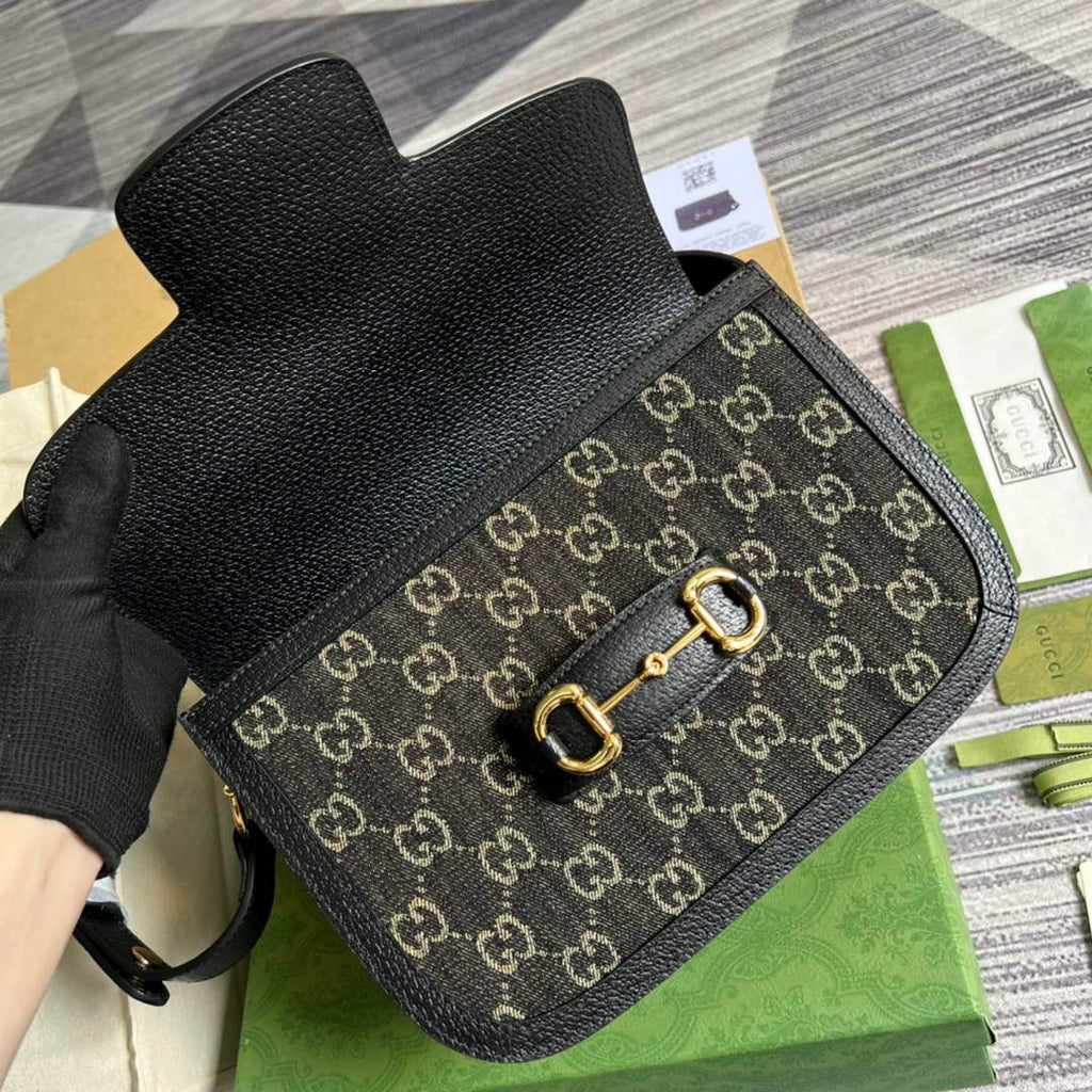 Gucci Horsebit 1955 shoulder bag 602204 Black and ivory GG denim jacquard