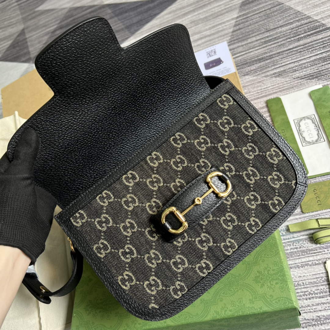 Gucci Horsebit 1955 shoulder bag 602204 Black and ivory GG denim jacquard