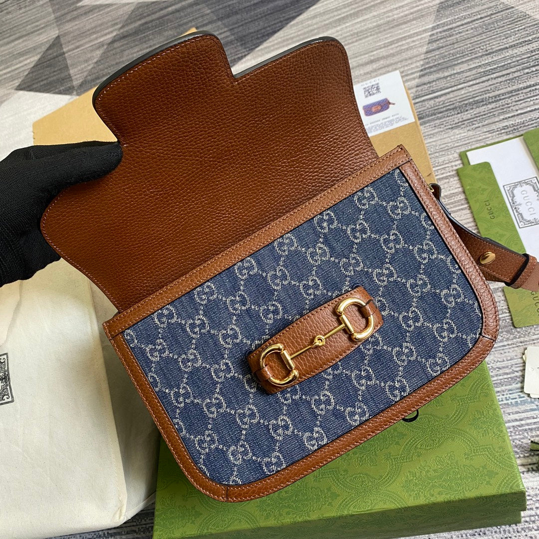 Gucci Horsebit 1955 shoulder bag 602204 blue with brown leather