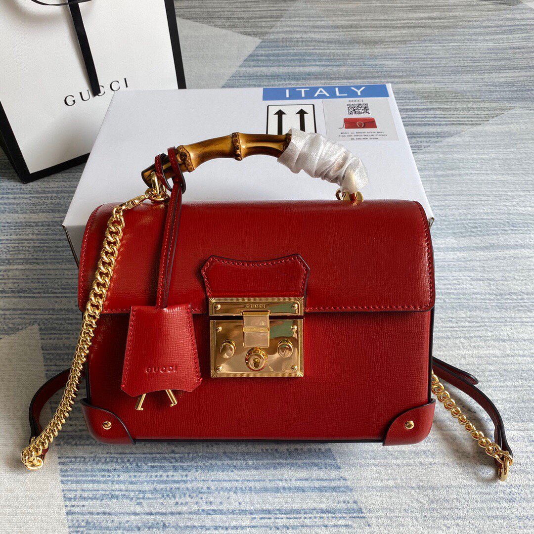 Gucci 603221 Padlock GG Small Bamboo Shoulder Bag Red