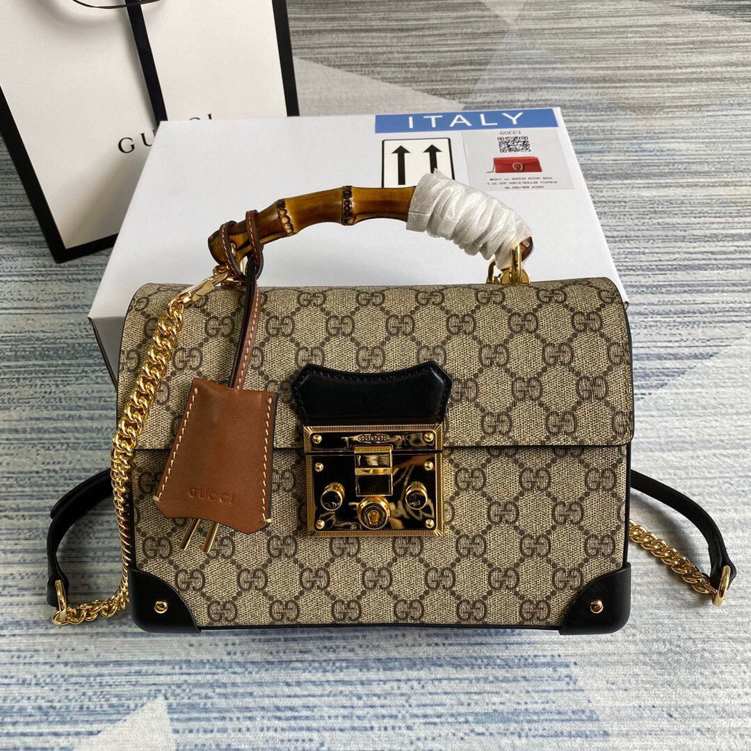 Gucci 603221 Padlock GG Small Bamboo Shoulder Bag Beige/ebony