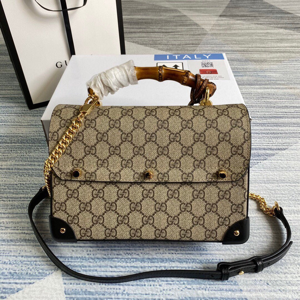 Gucci 603221 Padlock GG Small Bamboo Shoulder Bag Beige/ebony