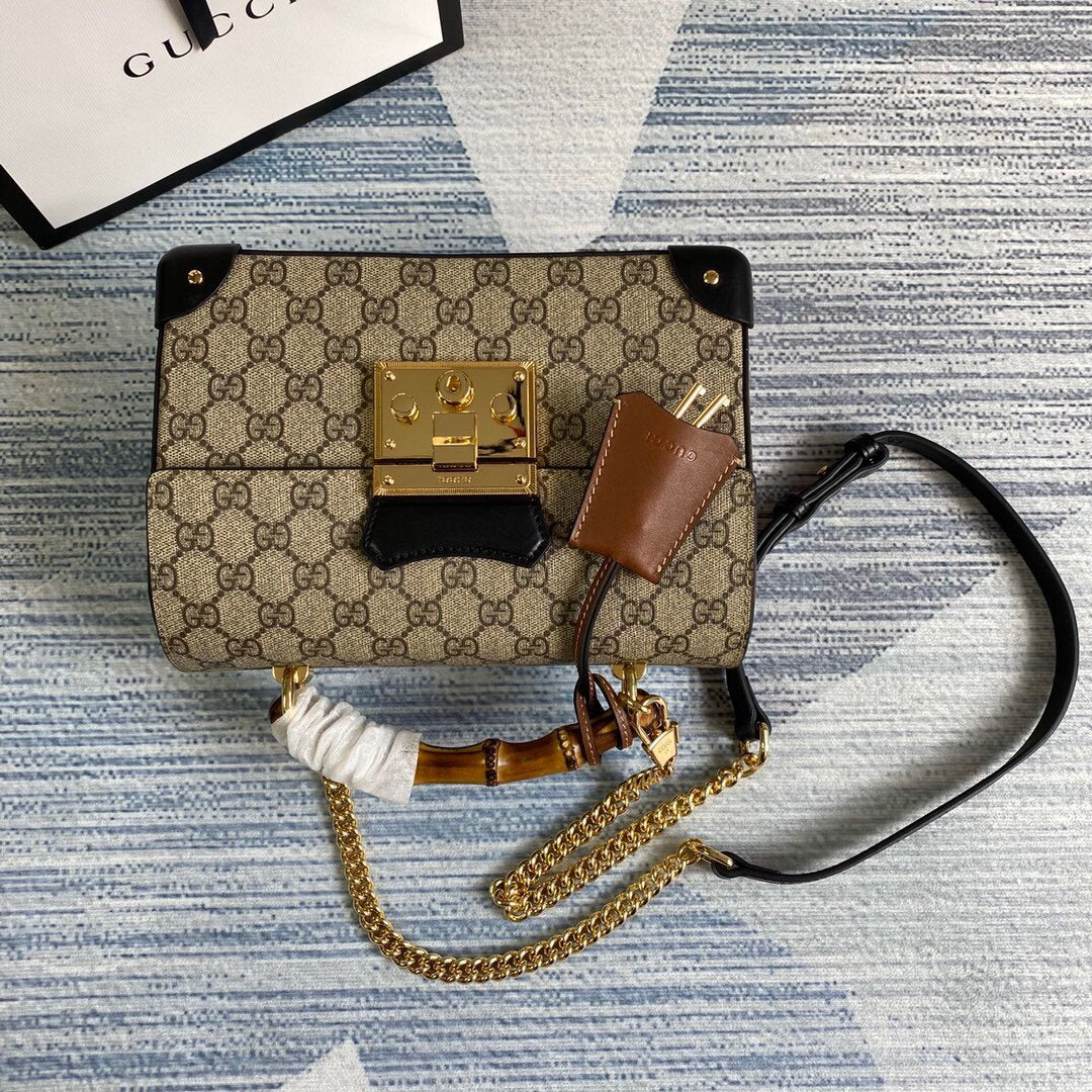 Gucci 603221 Padlock GG Small Bamboo Shoulder Bag Beige/ebony