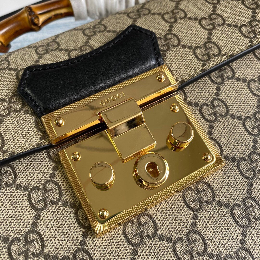 Gucci 603221 Padlock GG Small Bamboo Shoulder Bag Beige/ebony
