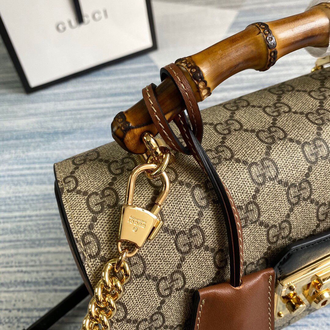 Gucci 603221 Padlock GG Small Bamboo Shoulder Bag Beige/ebony