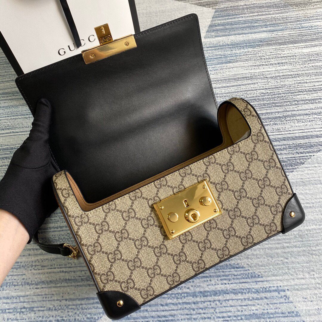 Gucci 603221 Padlock GG Small Bamboo Shoulder Bag Beige/ebony