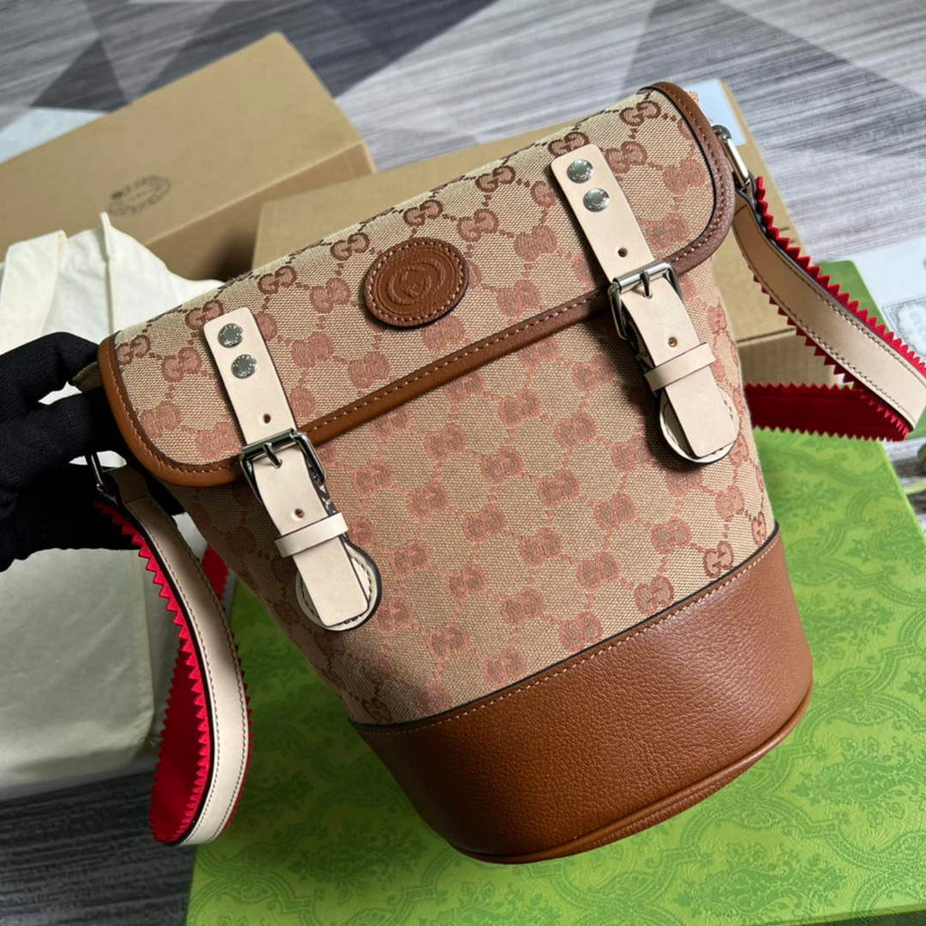 Gucci 630819 Bucket Bag in GG Supreme Canvas and Brown Leather