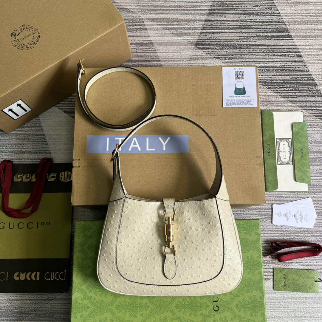 Gucci 636709 Jackie 1961 Small Ostrich skin Bag Beige - Default Title - View 1