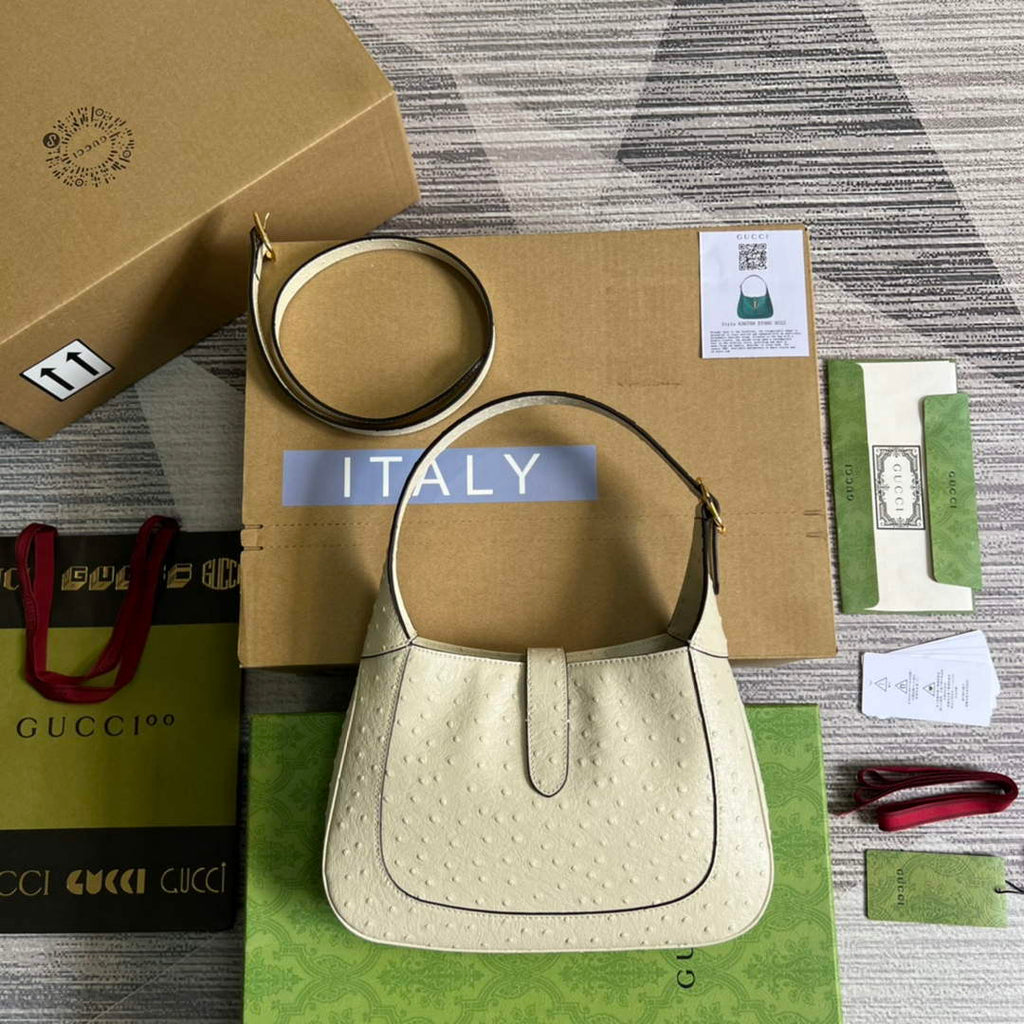 Gucci 636709 Jackie 1961 Small Ostrich skin Bag Beige