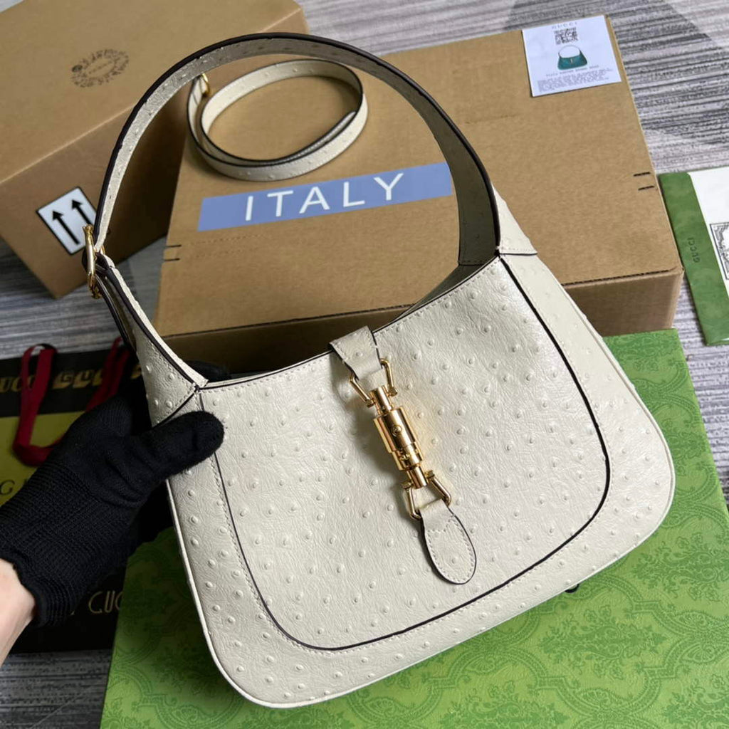 Gucci 636709 Jackie 1961 Small Ostrich skin Bag Beige