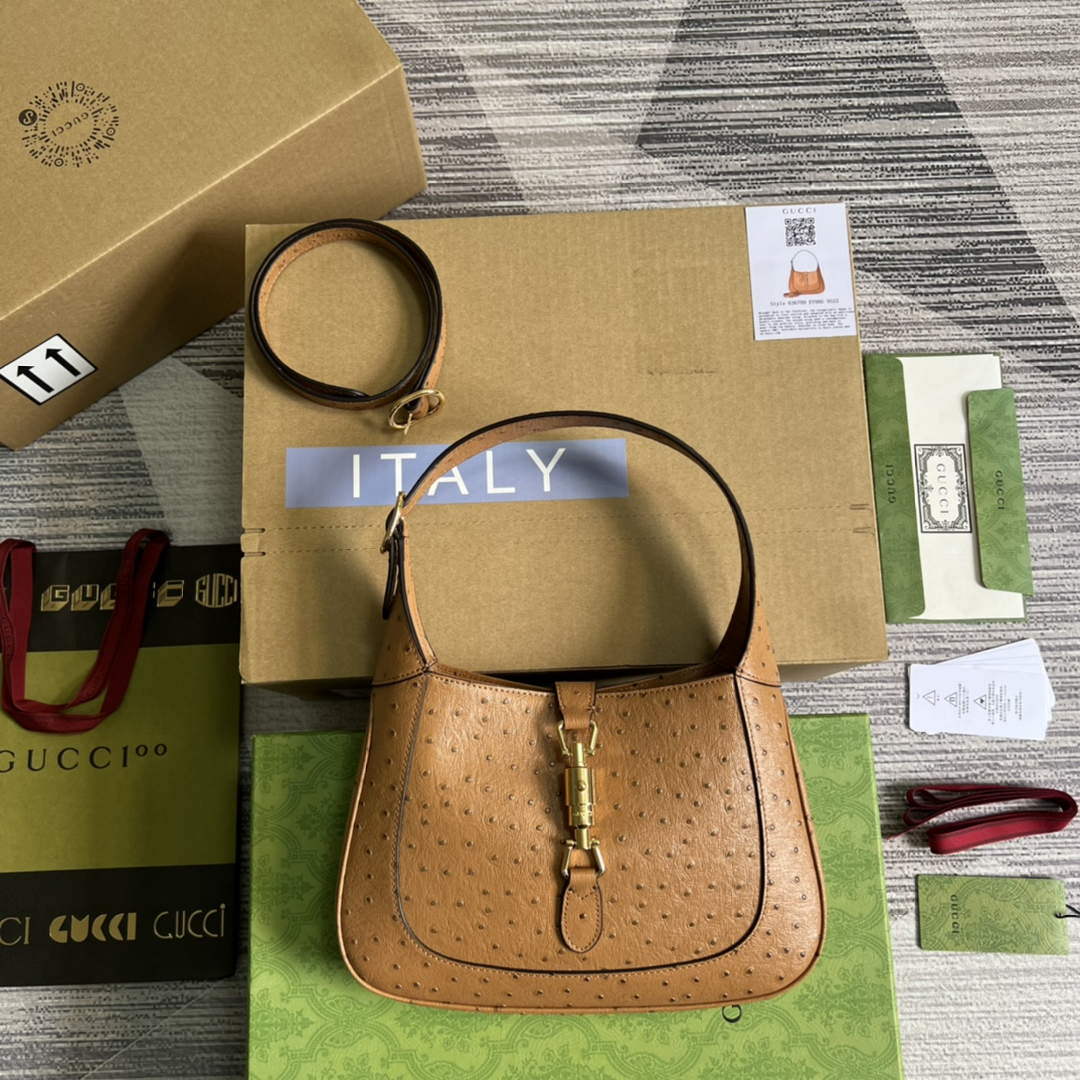 Gucci 636709 Jackie 1961 Small Ostrich skin Bag Brown - Default Title - View 1