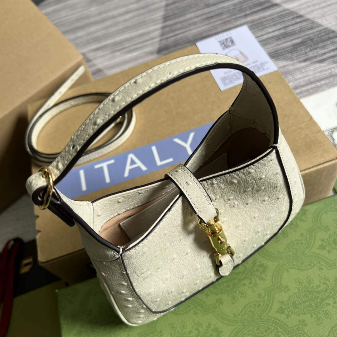 Gucci 637091 Jackie 1961 Mini Ostrich skin Shoulder Bag Beige - Default Title - View 5