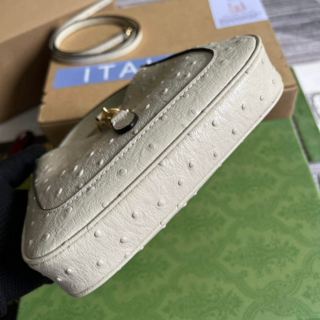 Gucci 637091 Jackie 1961 Mini Ostrich skin Shoulder Bag Beige