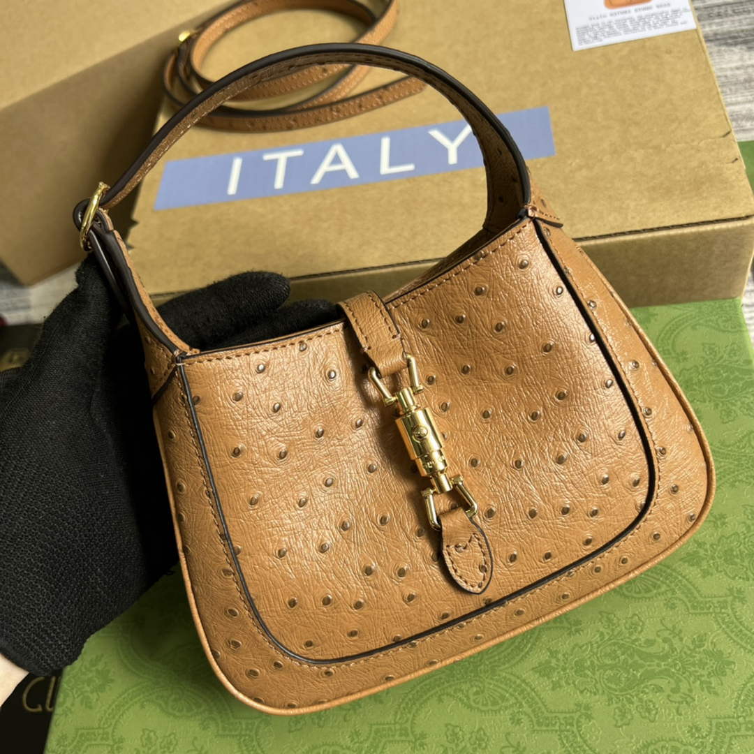 Gucci 637091 Jackie 1961 Mini Ostrich skin Shoulder Bag Brown