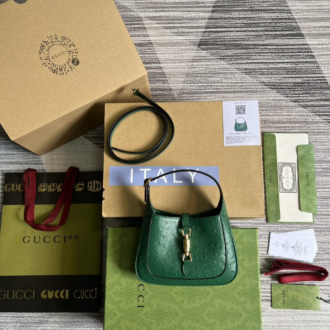 Gucci 637091 Jackie 1961 Mini Ostrich skin Shoulder Bag Green - Default Title - View 1