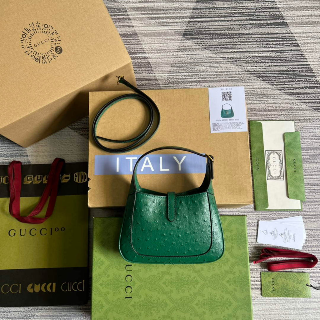 Gucci 637091 Jackie 1961 Mini Ostrich skin Shoulder Bag Green