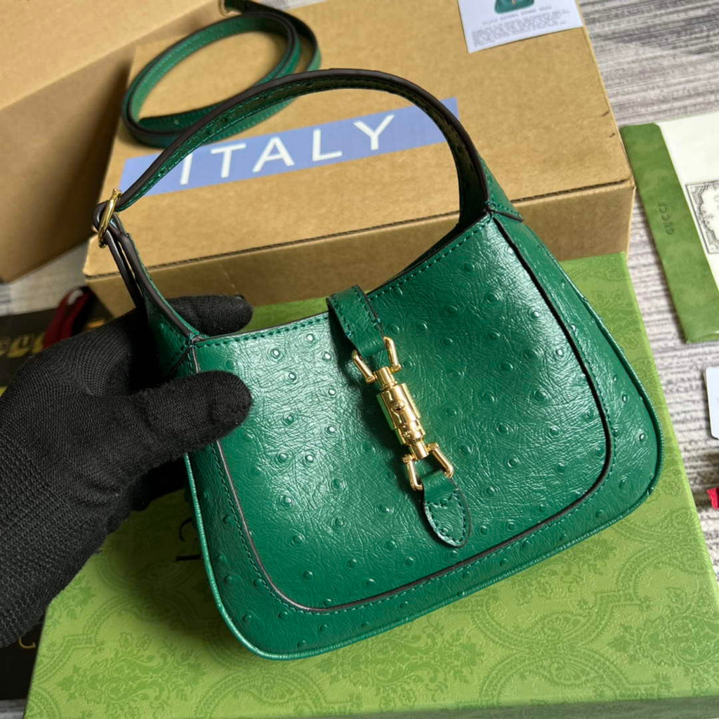 Gucci 637091 Jackie 1961 Mini Ostrich skin Shoulder Bag Green