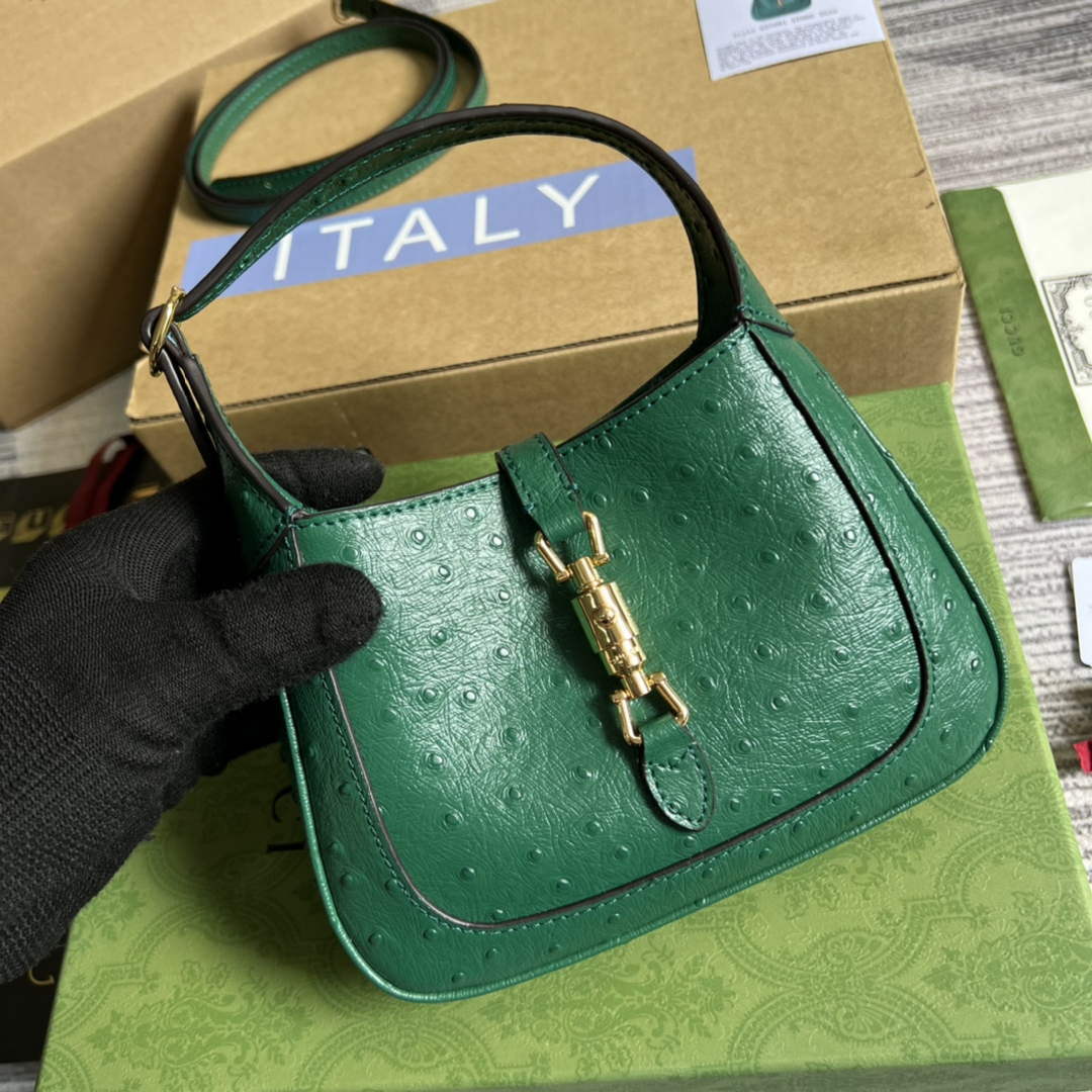 Gucci 637091 Jackie 1961 Mini Ostrich skin Shoulder Bag Green - Default Title - View 4