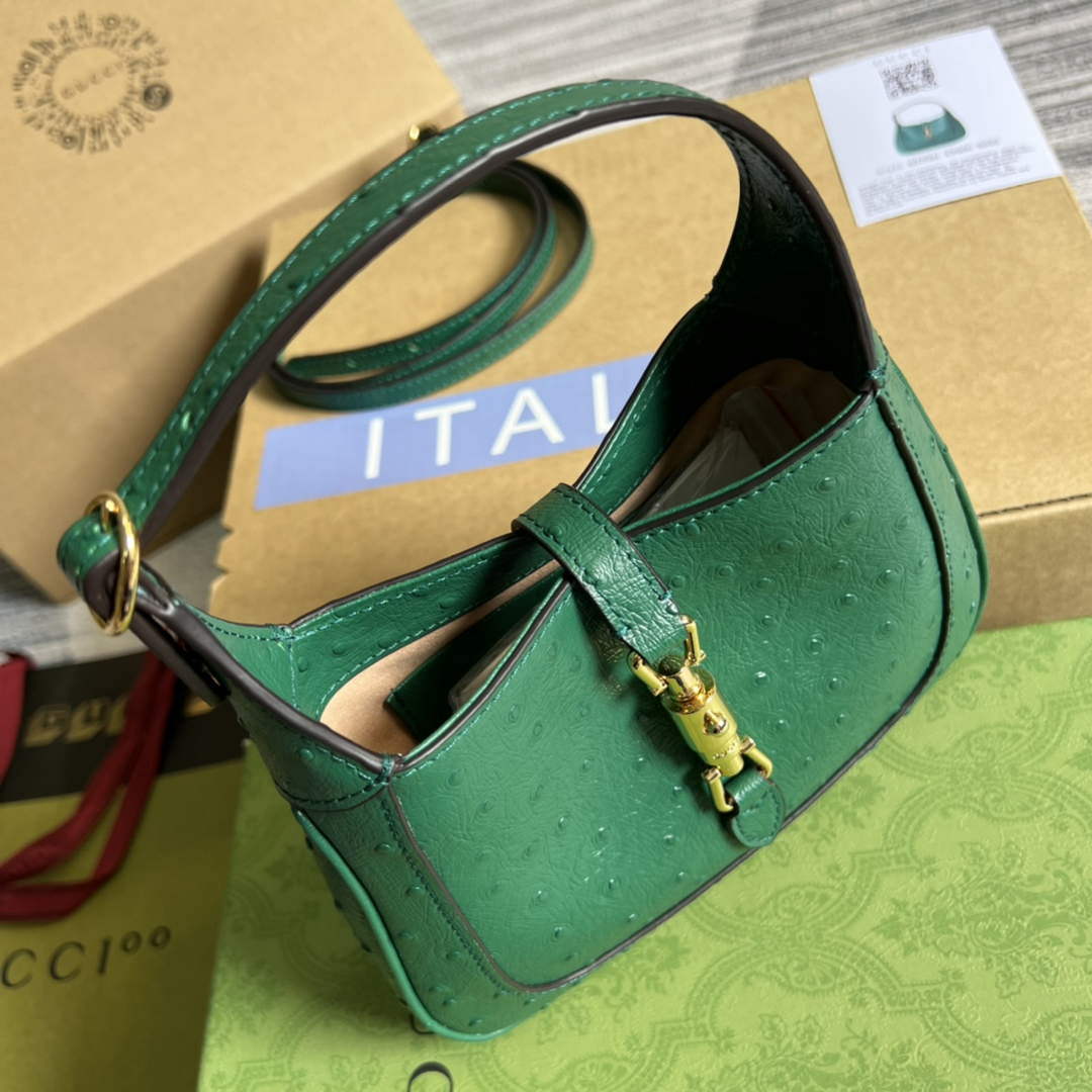 Gucci 637091 Jackie 1961 Mini Ostrich skin Shoulder Bag Green - Default Title - View 5