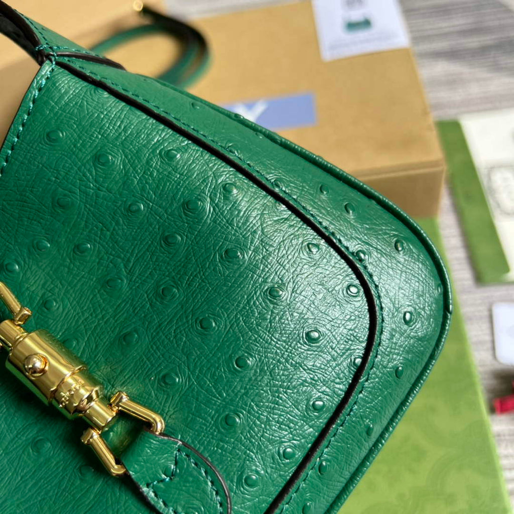 Gucci 637091 Jackie 1961 Mini Ostrich skin Shoulder Bag Green