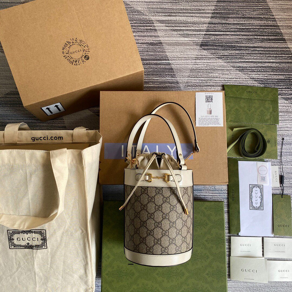 Gucci 637115 Gucci Horsebit 1955 Small Bucket Bag Gray and White