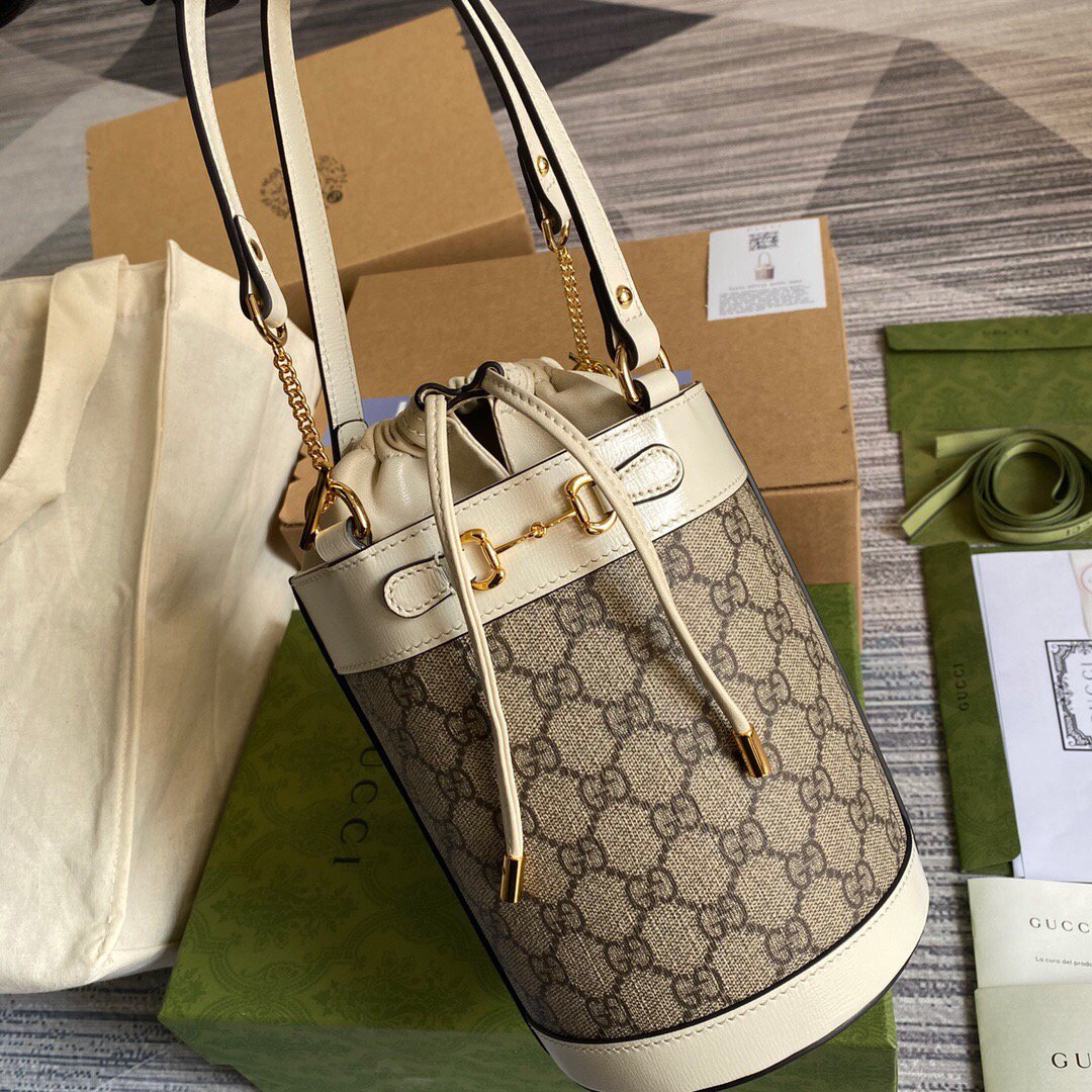 Gucci 637115 Gucci Horsebit 1955 Small Bucket Bag Gray and White