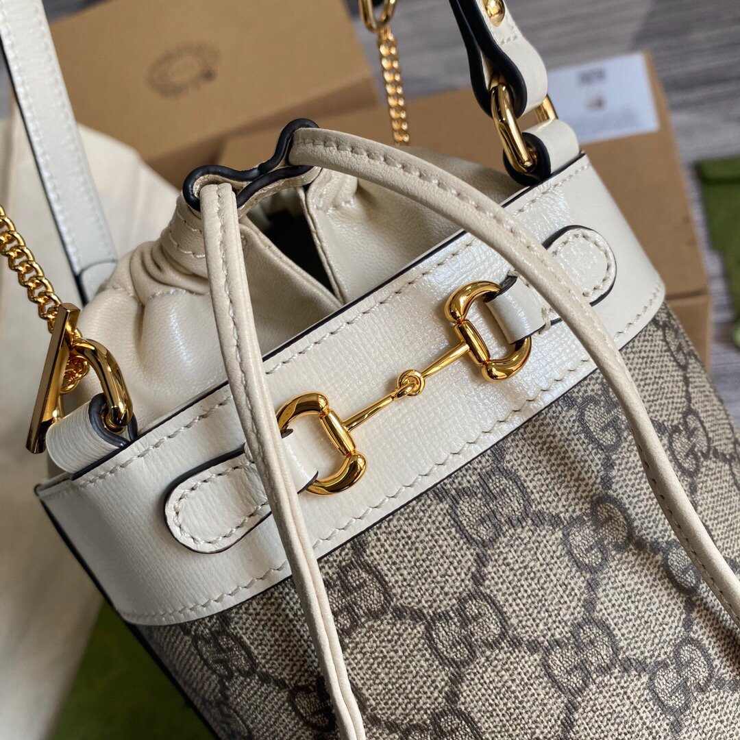 Gucci 637115 Gucci Horsebit 1955 Small Bucket Bag Gray and White