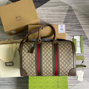 Gucci 645021 GG Duffle Bag With Web Leather Brown - Default Title - View 1