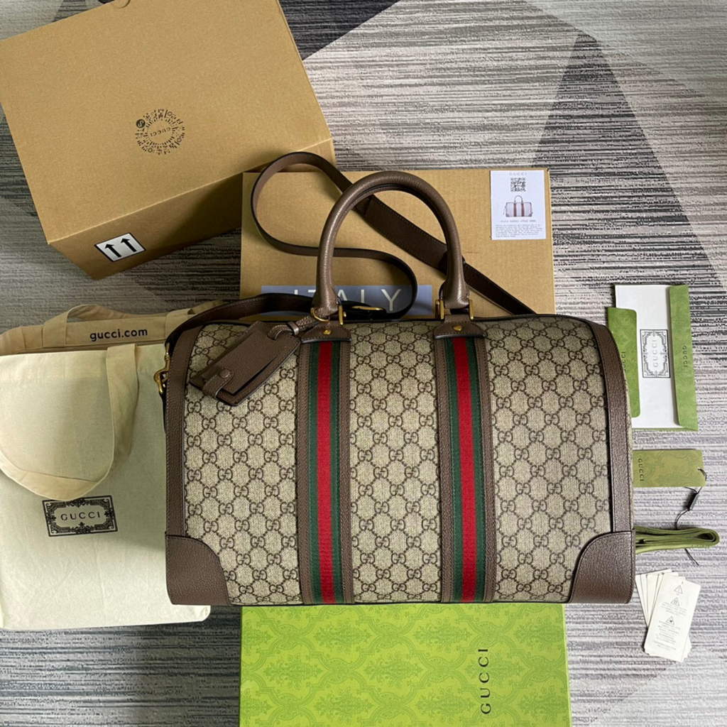 Gucci 645021 GG Duffle Bag With Web Leather Brown