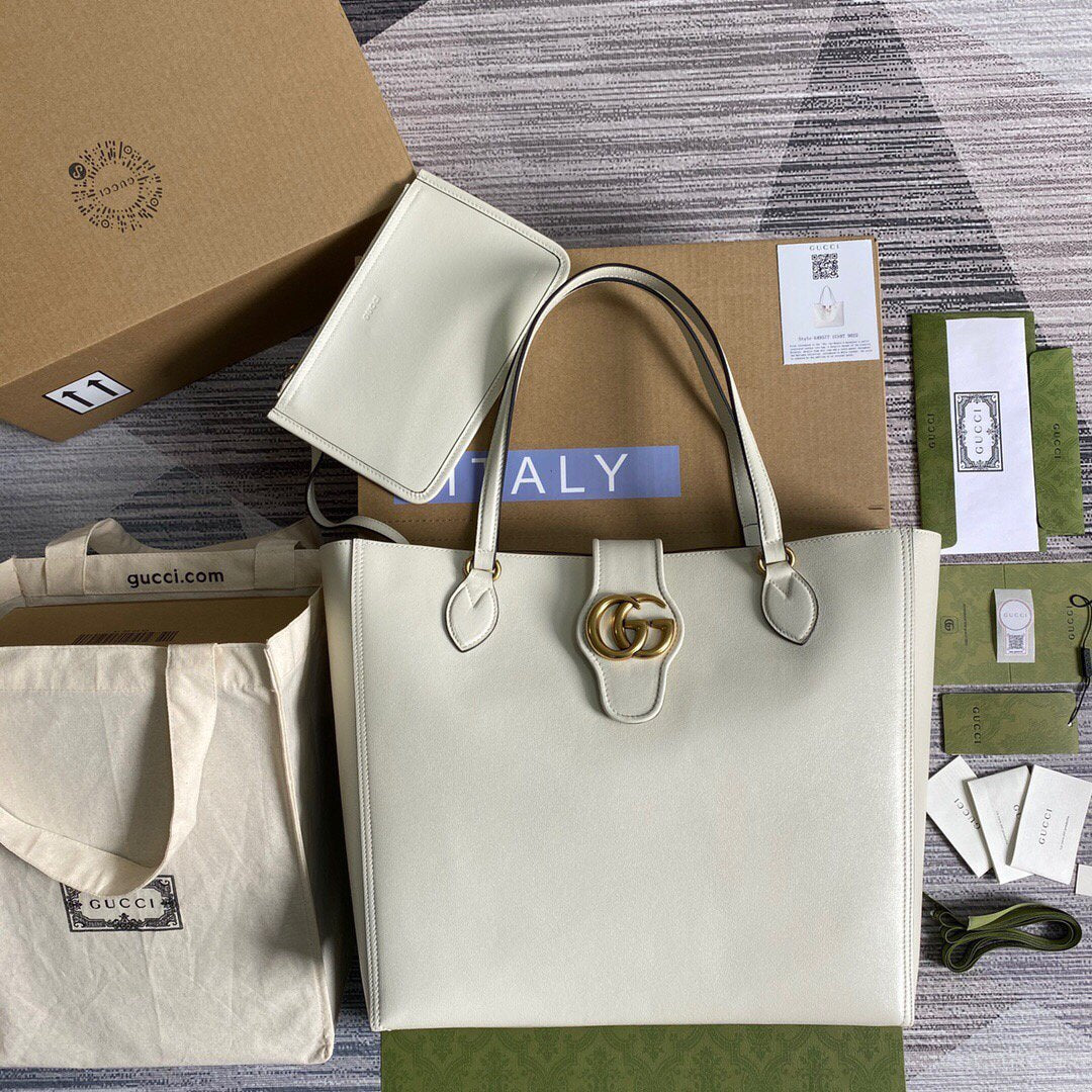 Gucci 649577 Medium Tote With Double G White Leather