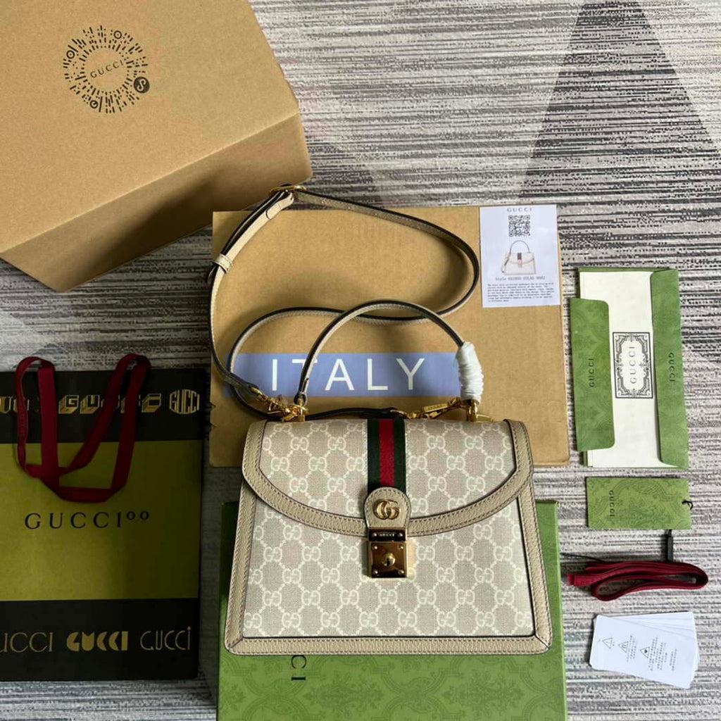 Gucci 651055 Ophidia GG small top handle bag Beige and white