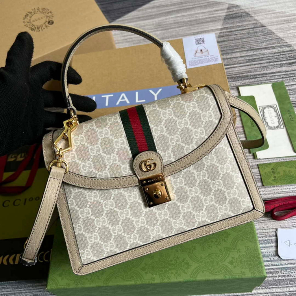 Gucci 651055 Ophidia GG small top handle bag Beige and white
