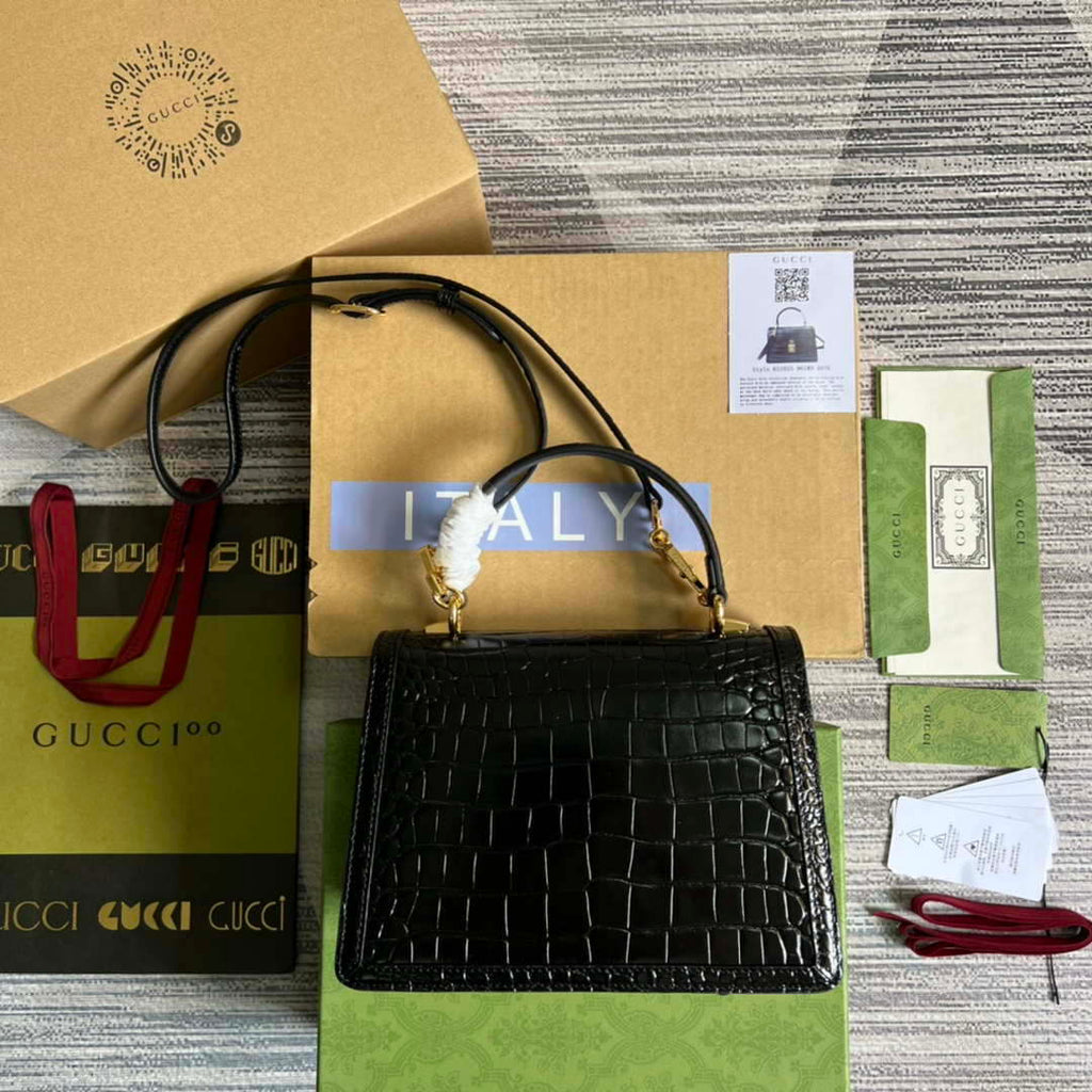Gucci 651055 Ophidia GG small top handle Crocodile Leather bag Black