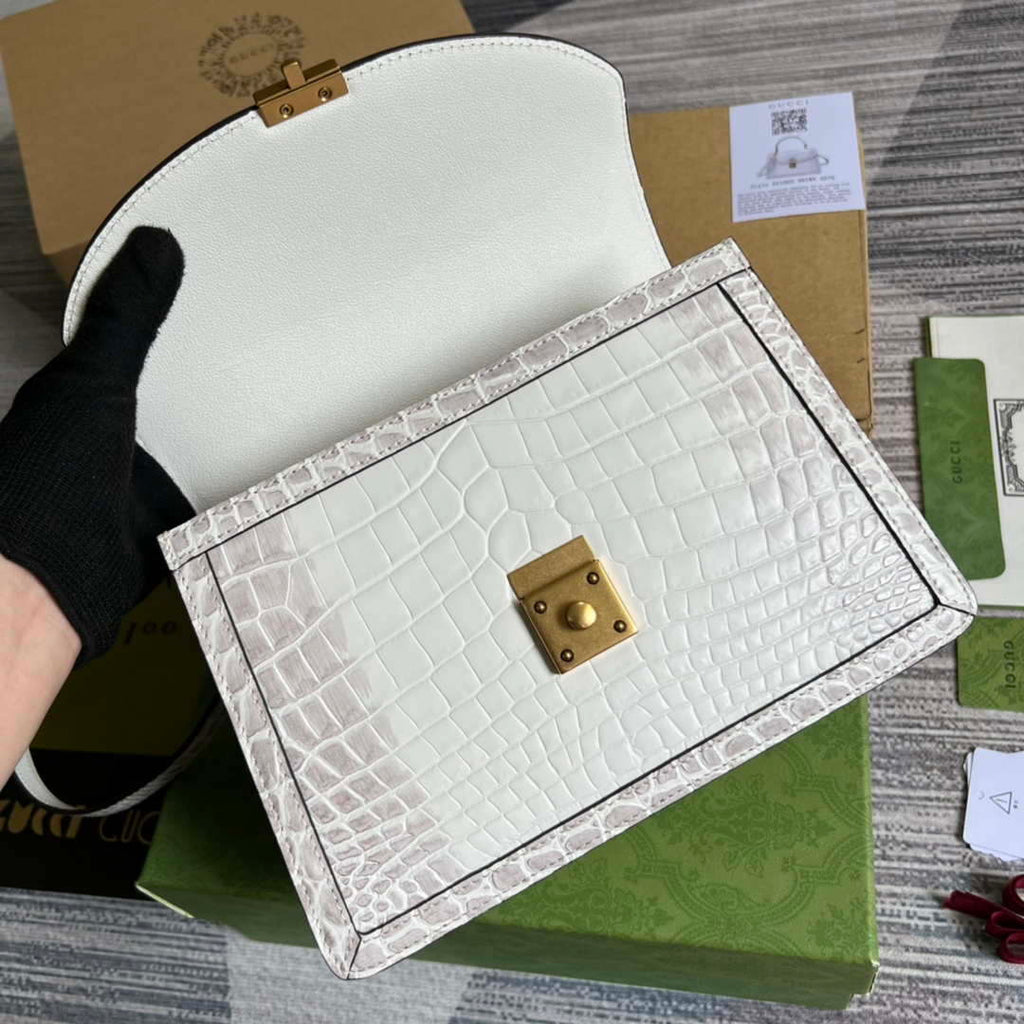 Gucci 651055 Ophidia GG small top handle Crocodile Leather bag White