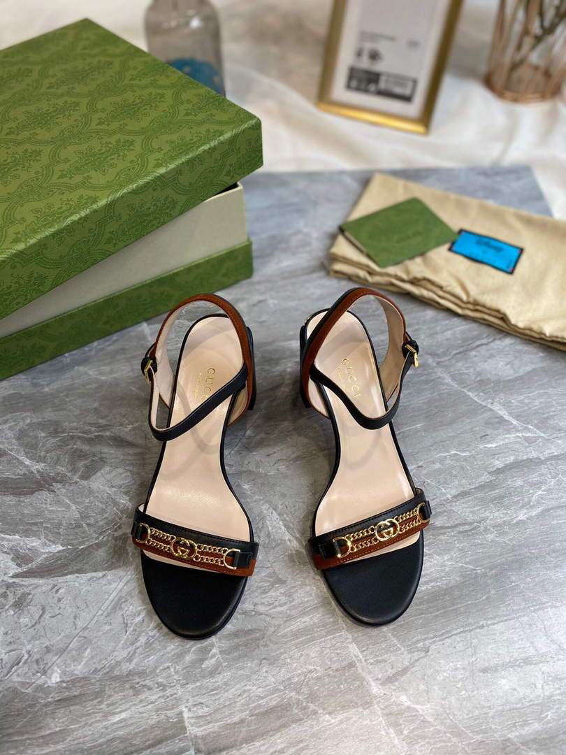Gucci 655408 Women's Sandal With Chain Leather Black - luxibagsmall