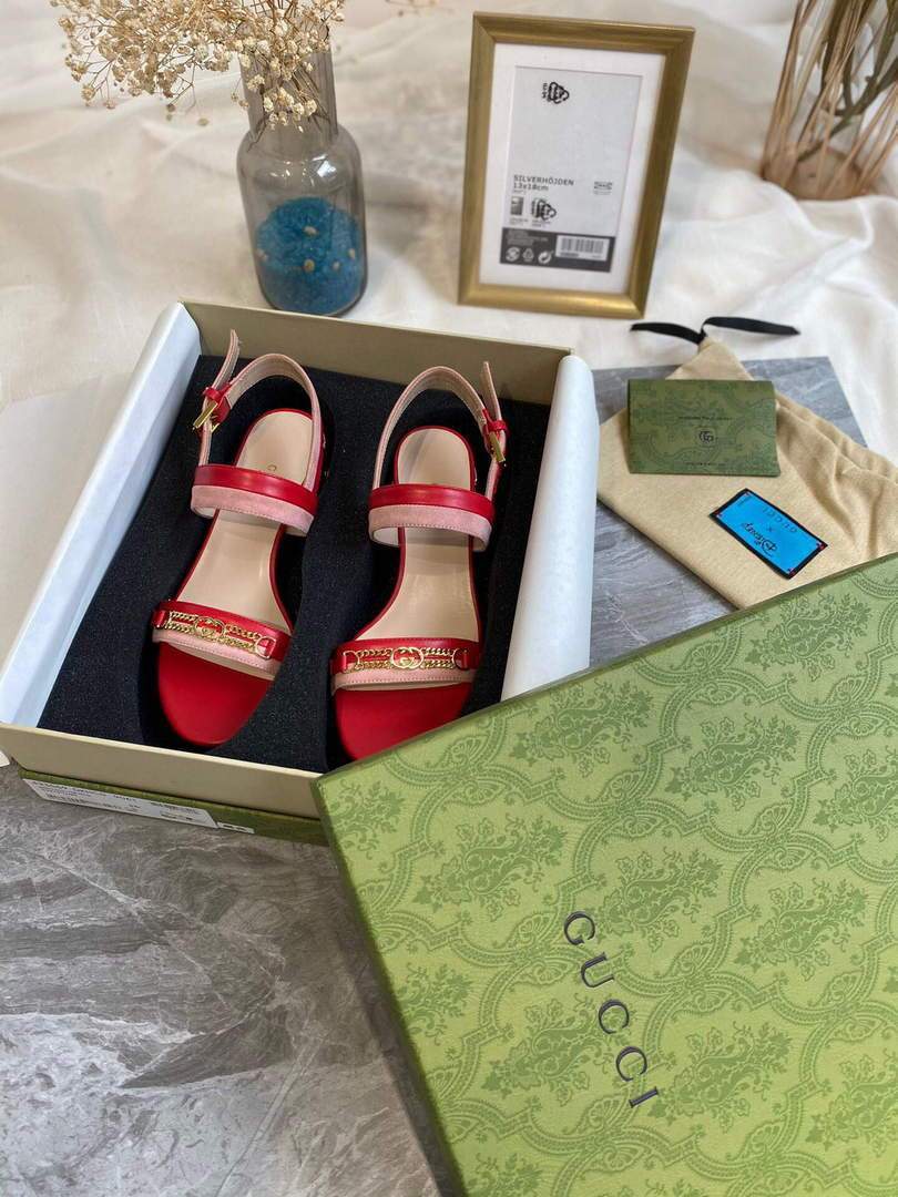 Gucci 655409 Women's Sandal With Chain-Shaped Heel Leather Red - luxibagsmall