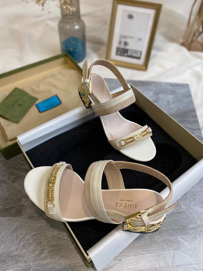 Gucci 655409 Women's Sandal With Chain-Shaped Heel Leather White - luxibagsmall