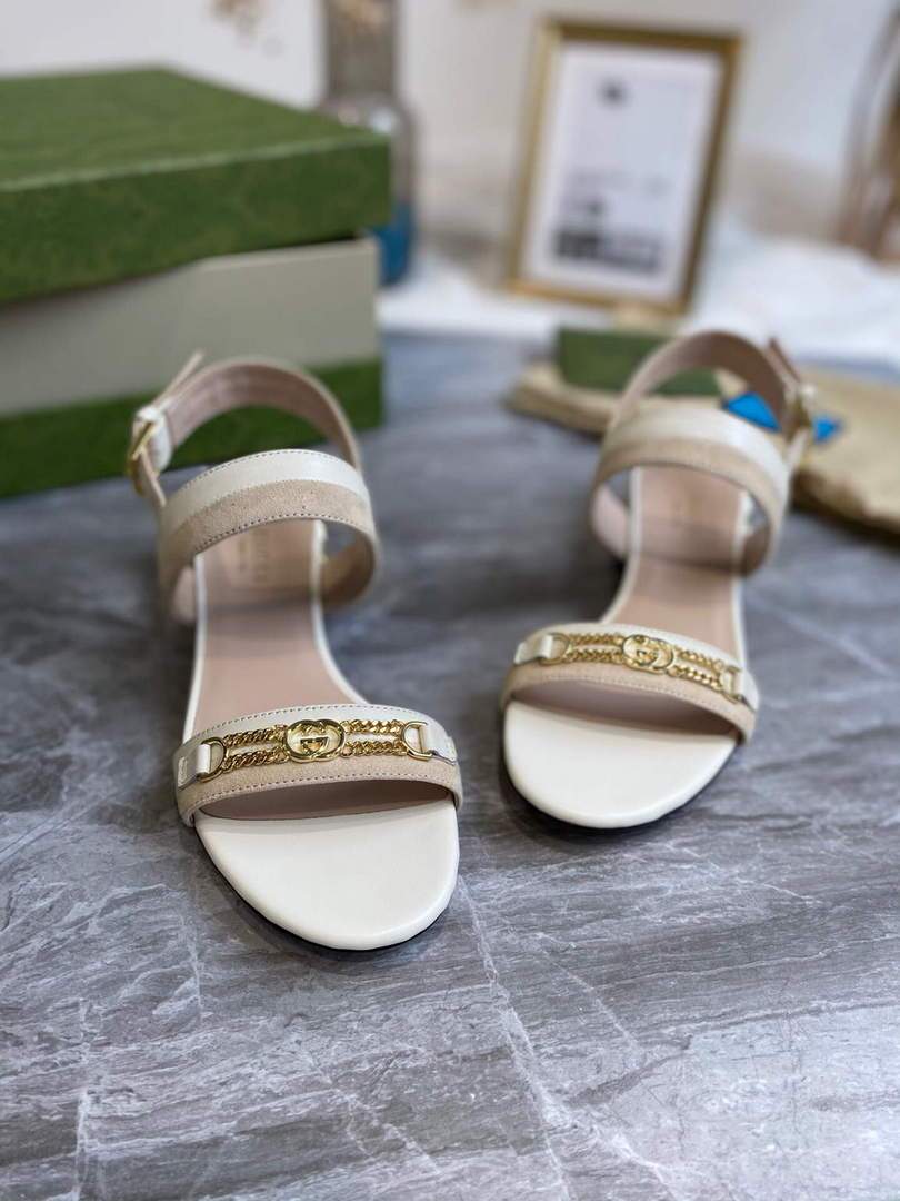 Gucci 655409 Women's Sandal With Chain-Shaped Heel Leather White - luxibagsmall