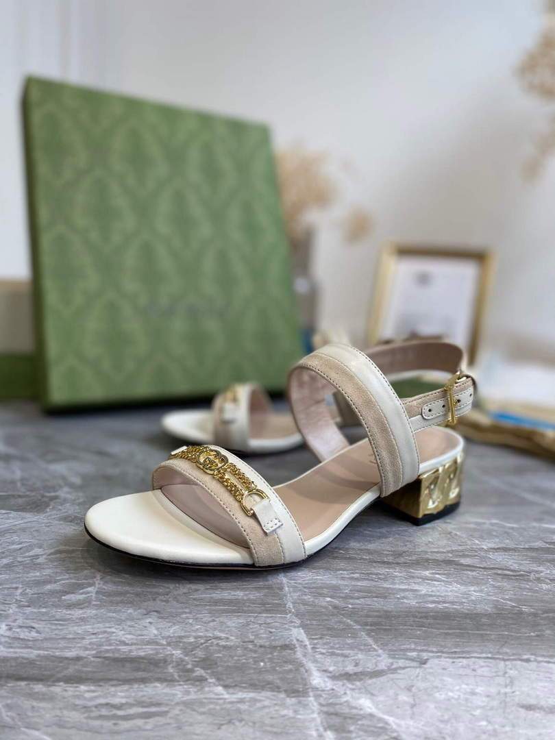 Gucci 655409 Women's Sandal With Chain-Shaped Heel Leather White - luxibagsmall