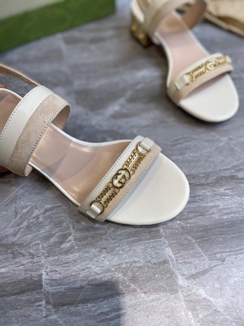 Gucci 655409 Women's Sandal With Chain-Shaped Heel Leather White - luxibagsmall