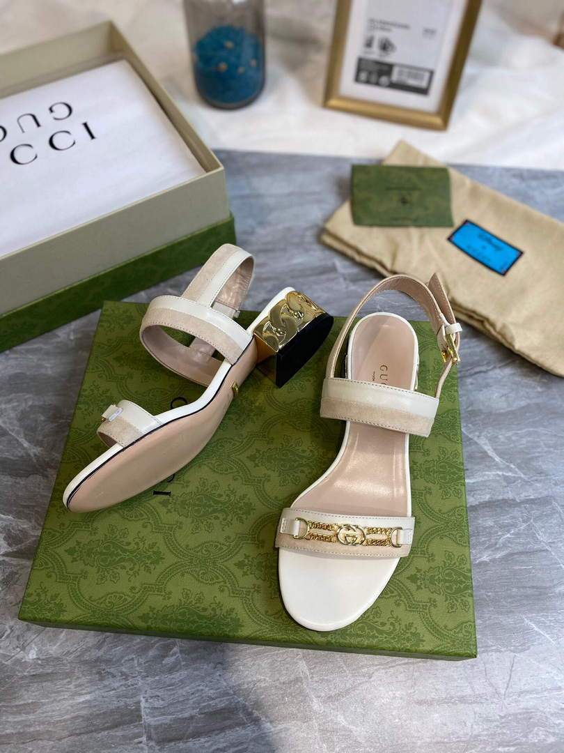 Gucci 655409 Women's Sandal With Chain-Shaped Heel Leather White - luxibagsmall
