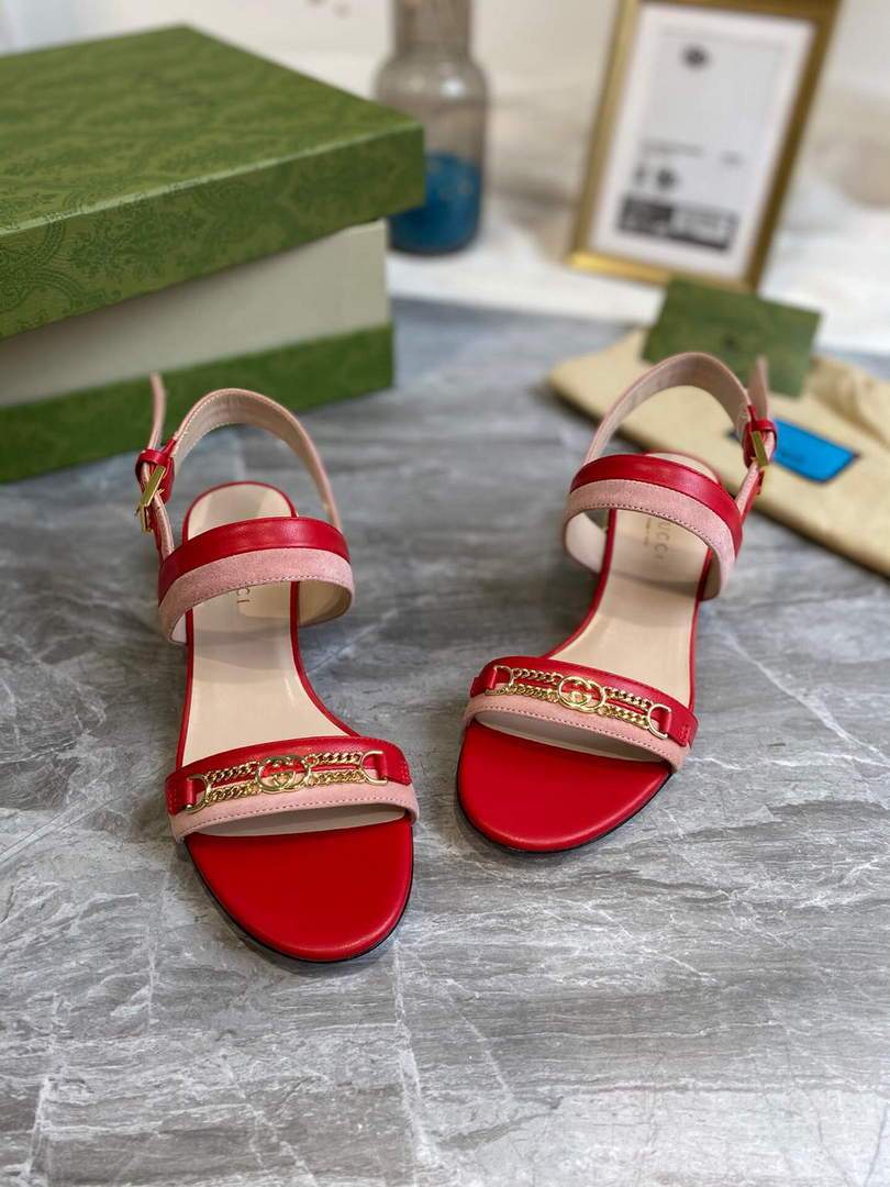 Gucci 655409 Women's Sandal With Chain-Shaped Heel Leather Red - luxibagsmall