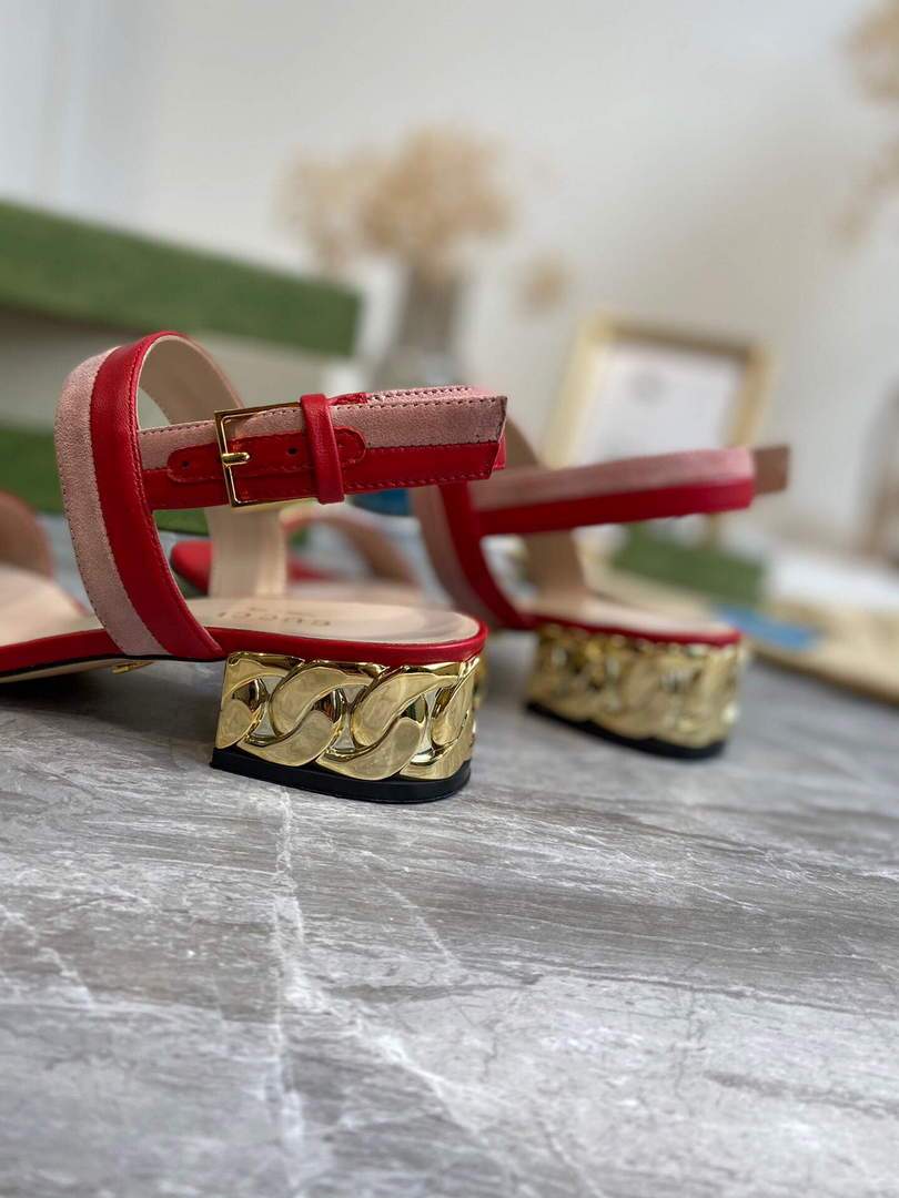 Gucci 655409 Women's Sandal With Chain-Shaped Heel Leather Red - luxibagsmall
