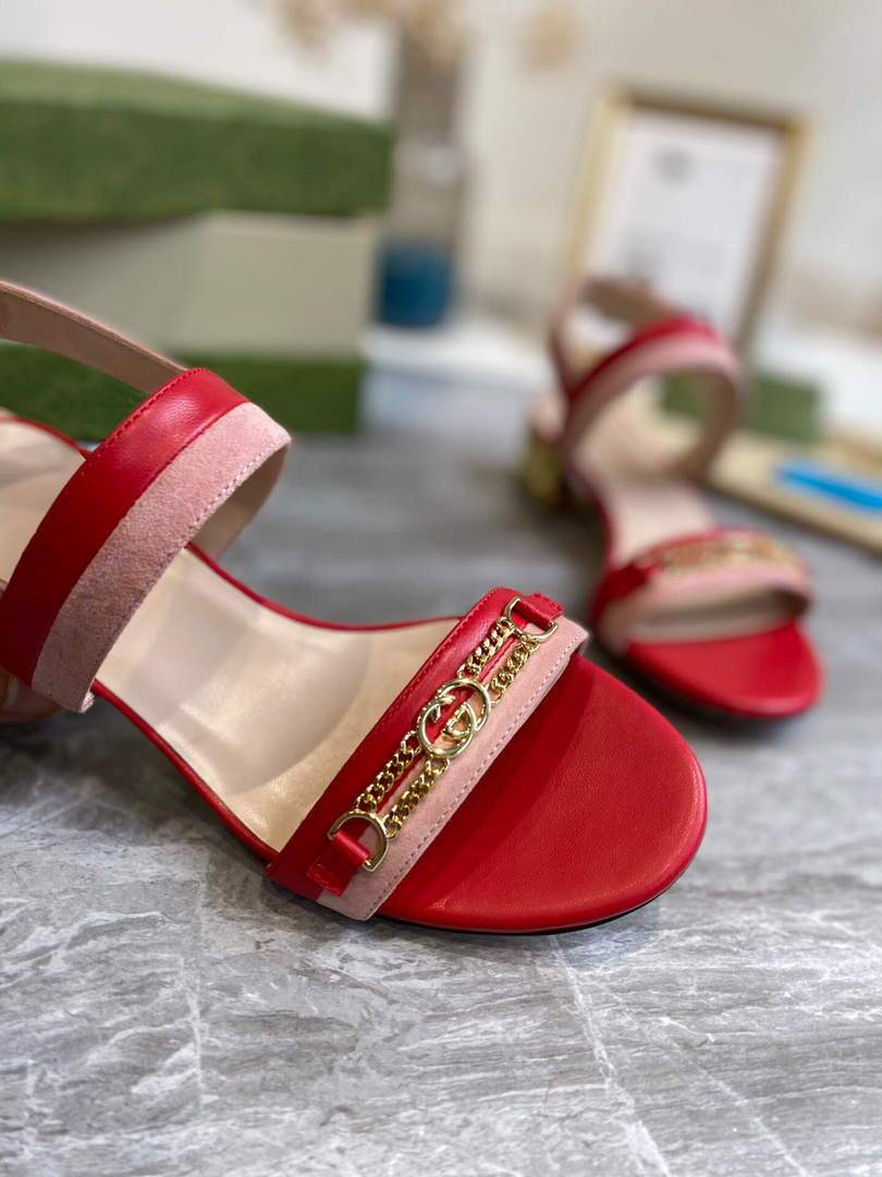 Gucci 655409 Women's Sandal With Chain-Shaped Heel Leather Red - luxibagsmall