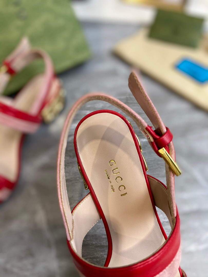 Gucci 655409 Women's Sandal With Chain-Shaped Heel Leather Red - luxibagsmall