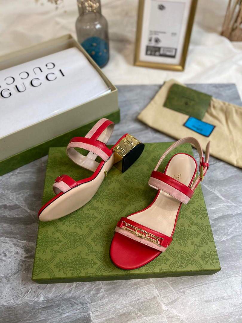 Gucci 655409 Women's Sandal With Chain-Shaped Heel Leather Red - luxibagsmall