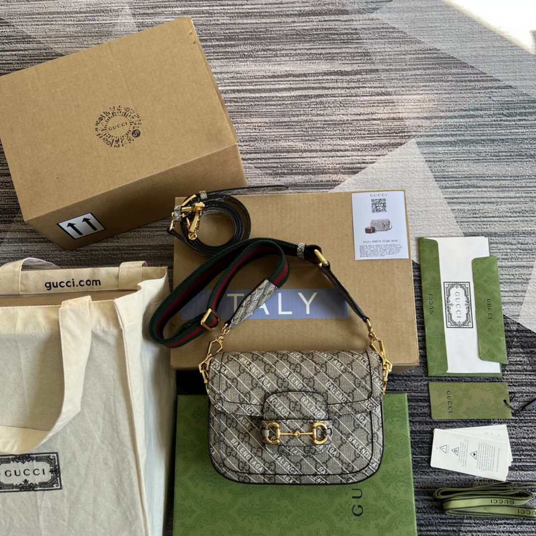 Gucci 658574 Gucci Horsebit 1955 Mini Bag Gray with Pvc Printer Logo - Default Title - View 1